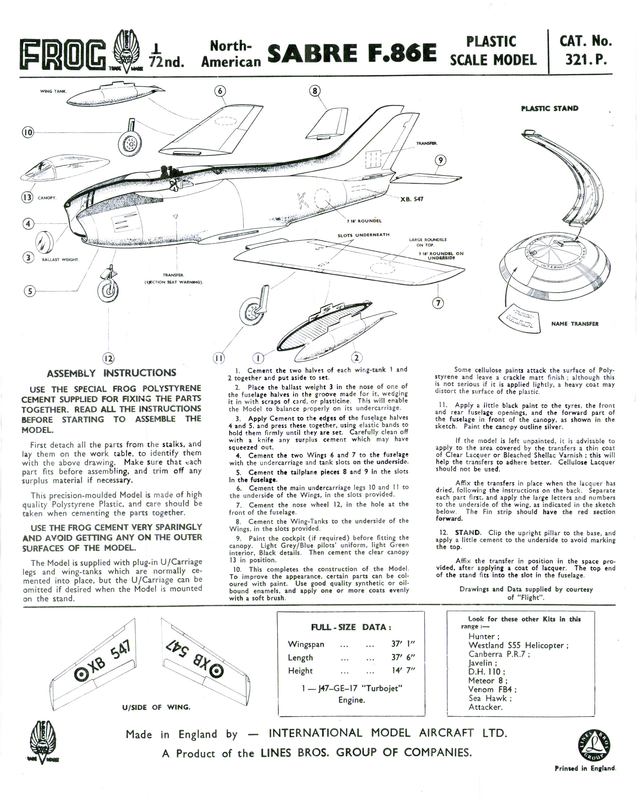 FROG 321P North American Sabre F-86E Swept Wing Jet Fighter, IMA, 1956 assembly instructions